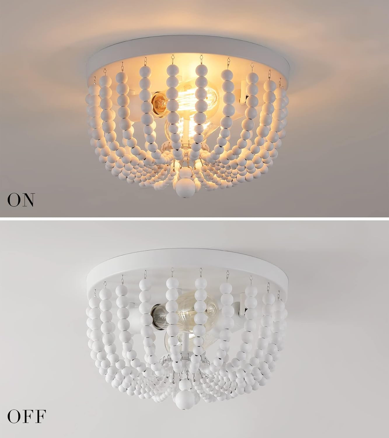Two Light White Wood Beaded Boho Flush Mount Chandelier For Nursery And Bedroom Decor