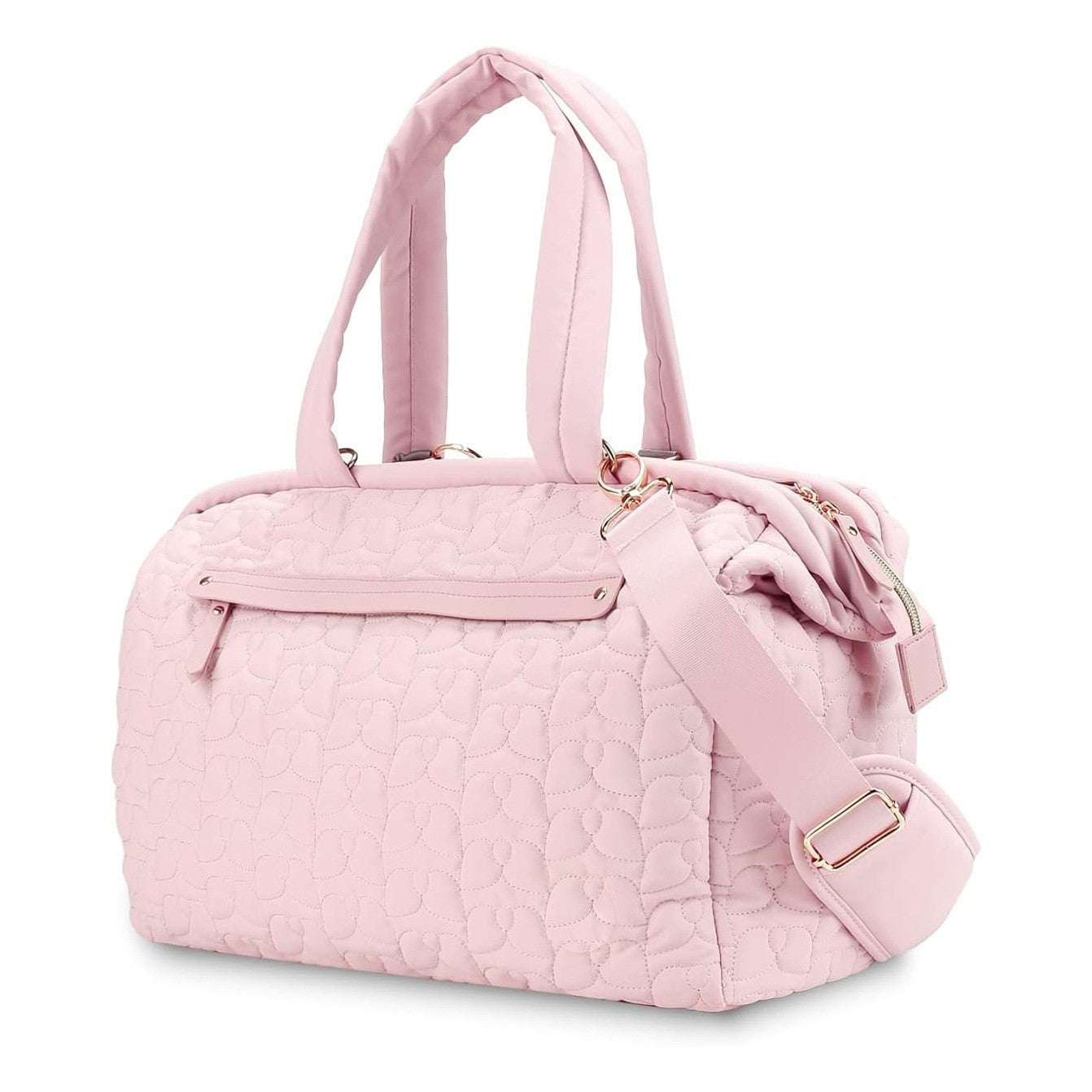 Pink quilted handbag with a strap on a white background