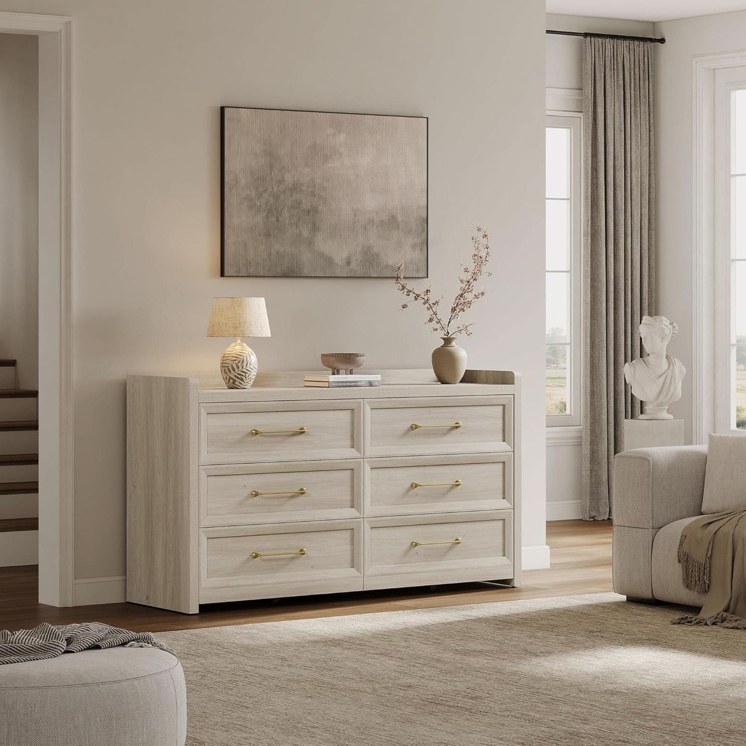 56 Inch Extra Wide Grey Oak Dresser With Large Storage Drawers
