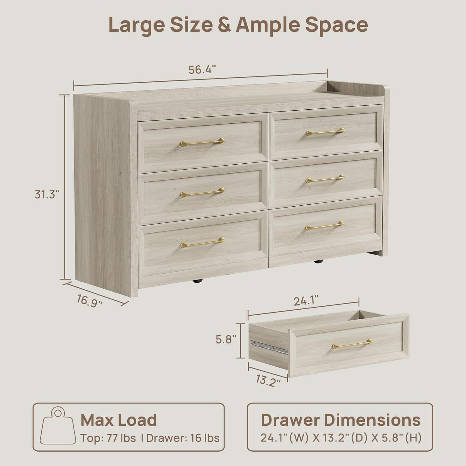 56 Inch Extra Wide Grey Oak Dresser With Large Storage Drawers