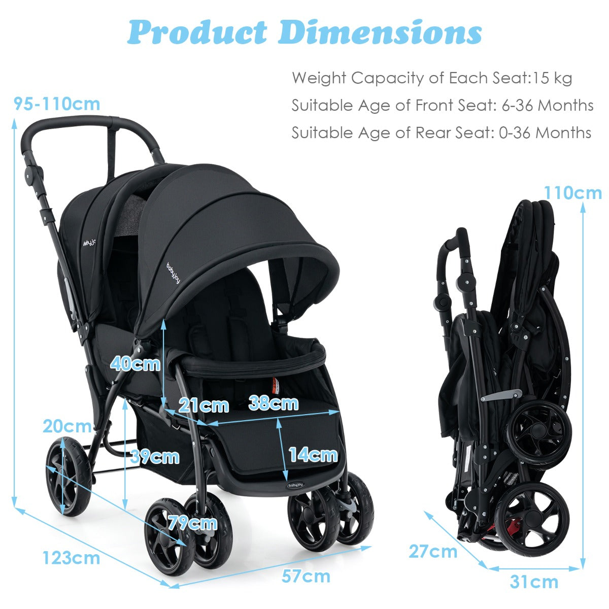 Folding Double Baby Stroller with Tandem Seating &amp; Canopy for Toddlers-Black
