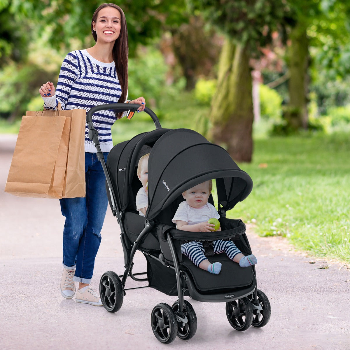Folding Double Baby Stroller with Tandem Seating &amp; Canopy for Toddlers-Black