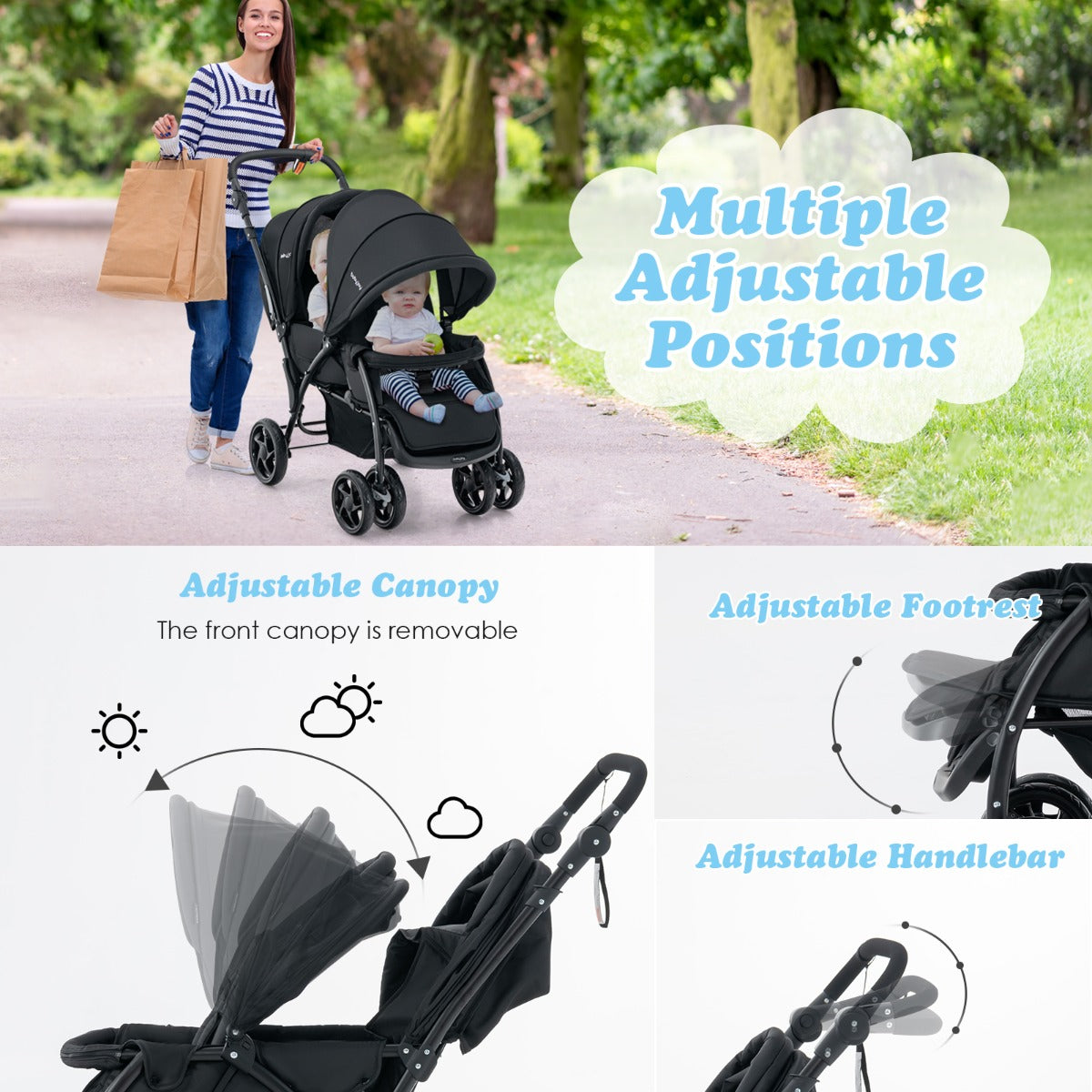 Folding Double Baby Stroller with Tandem Seating &amp; Canopy for Toddlers-Black