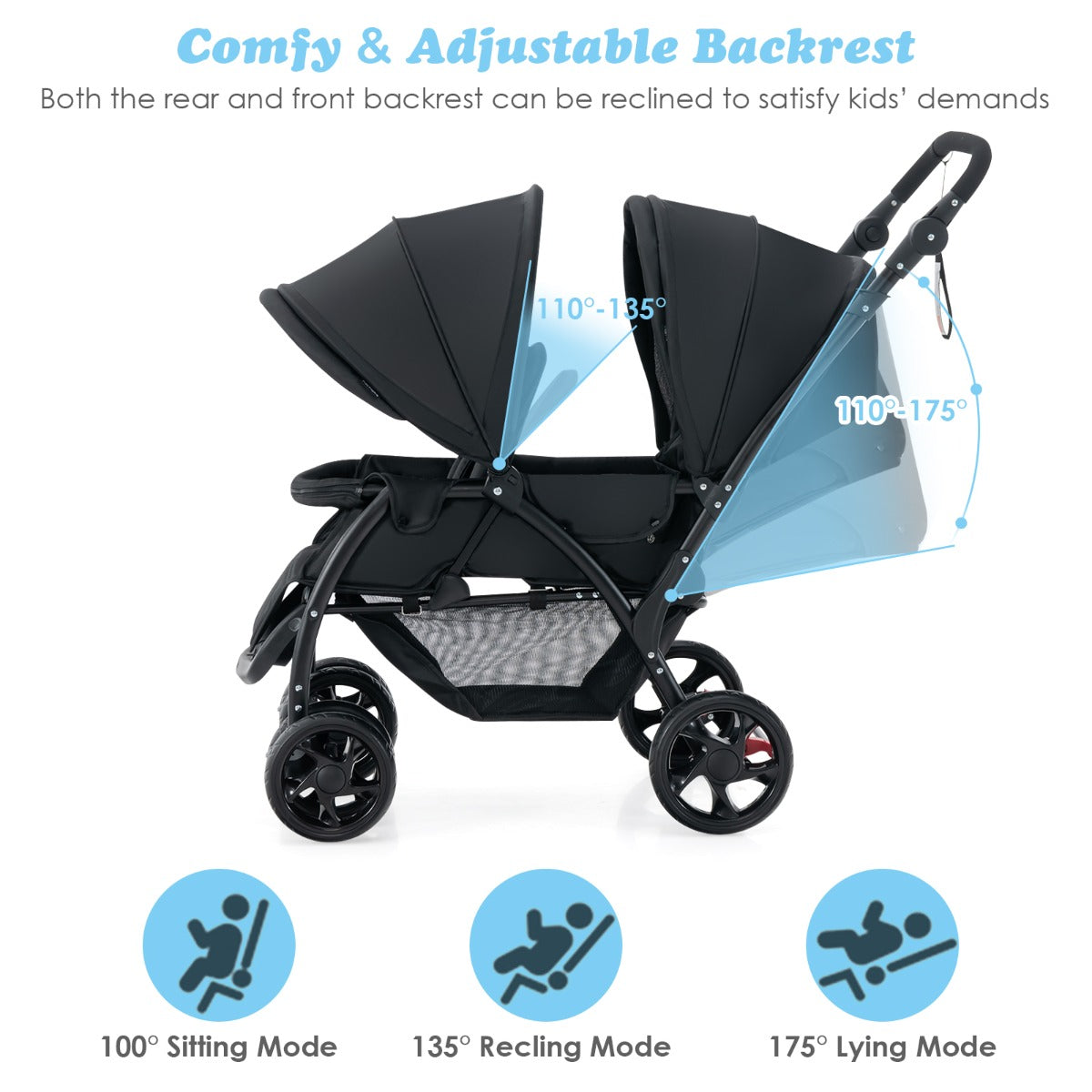 Folding Double Baby Stroller with Tandem Seating &amp; Canopy for Toddlers-Black