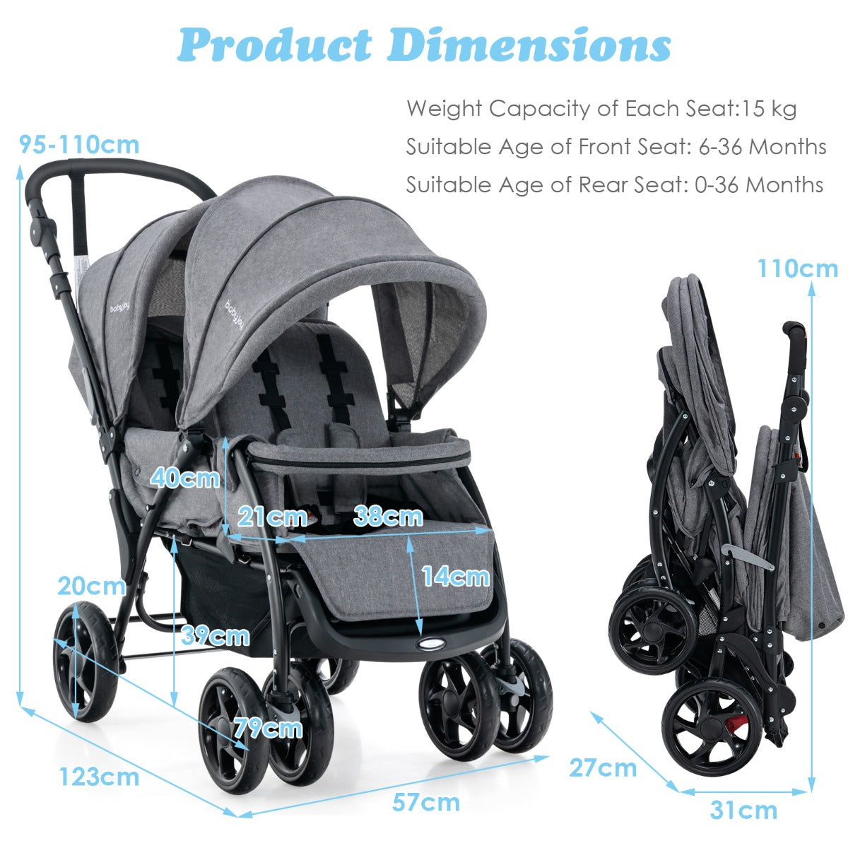Folding Double Baby Stroller with Tandem Seating &amp; Canopy for Toddlers-Grey