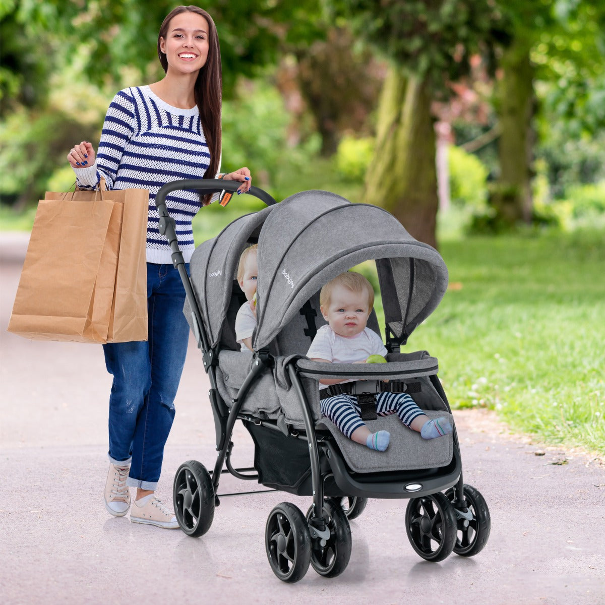 Folding Double Baby Stroller with Tandem Seating &amp; Canopy for Toddlers-Grey