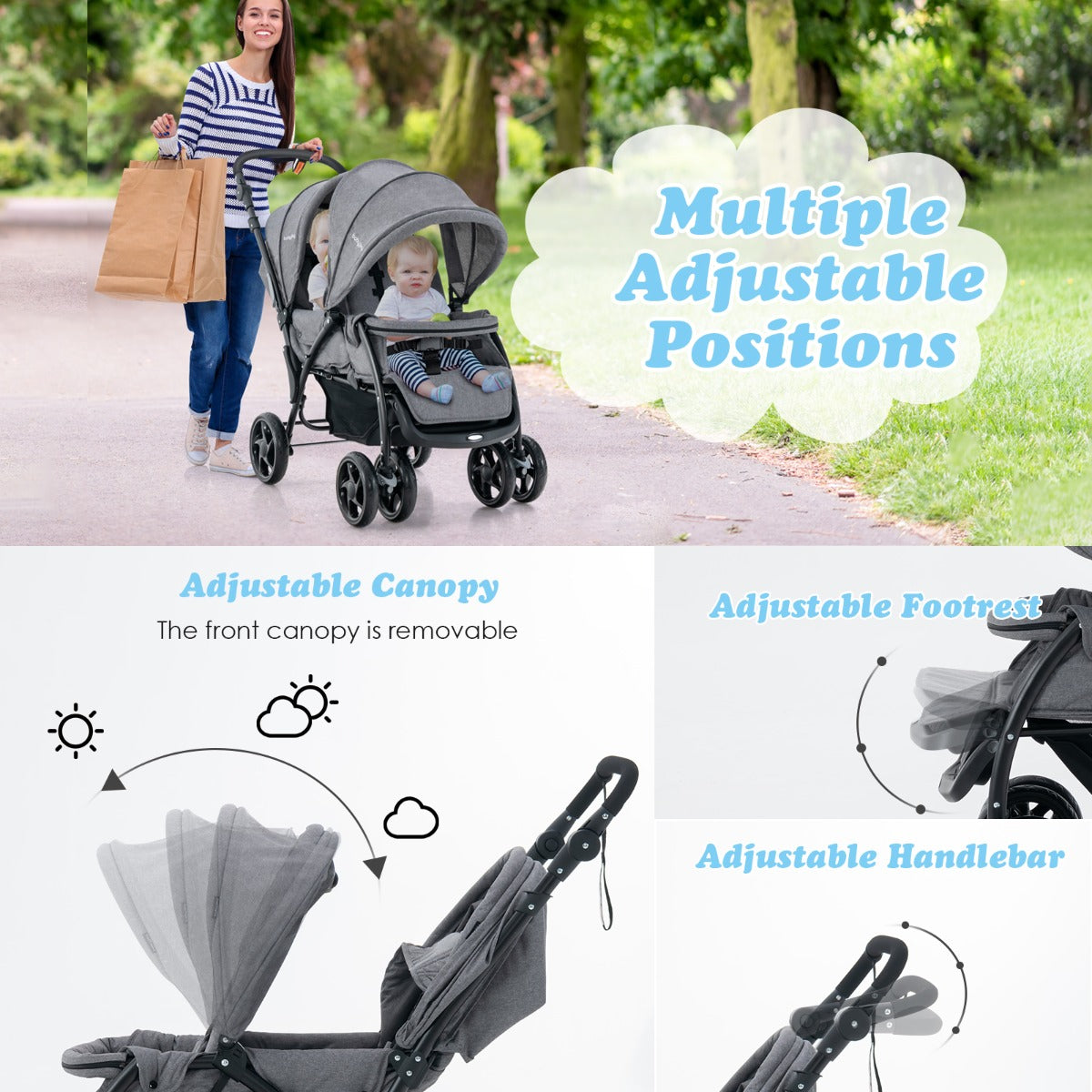 Folding Double Baby Stroller with Tandem Seating &amp; Canopy for Toddlers-Grey