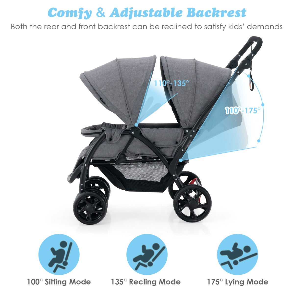 Folding Double Baby Stroller with Tandem Seating &amp; Canopy for Toddlers-Grey