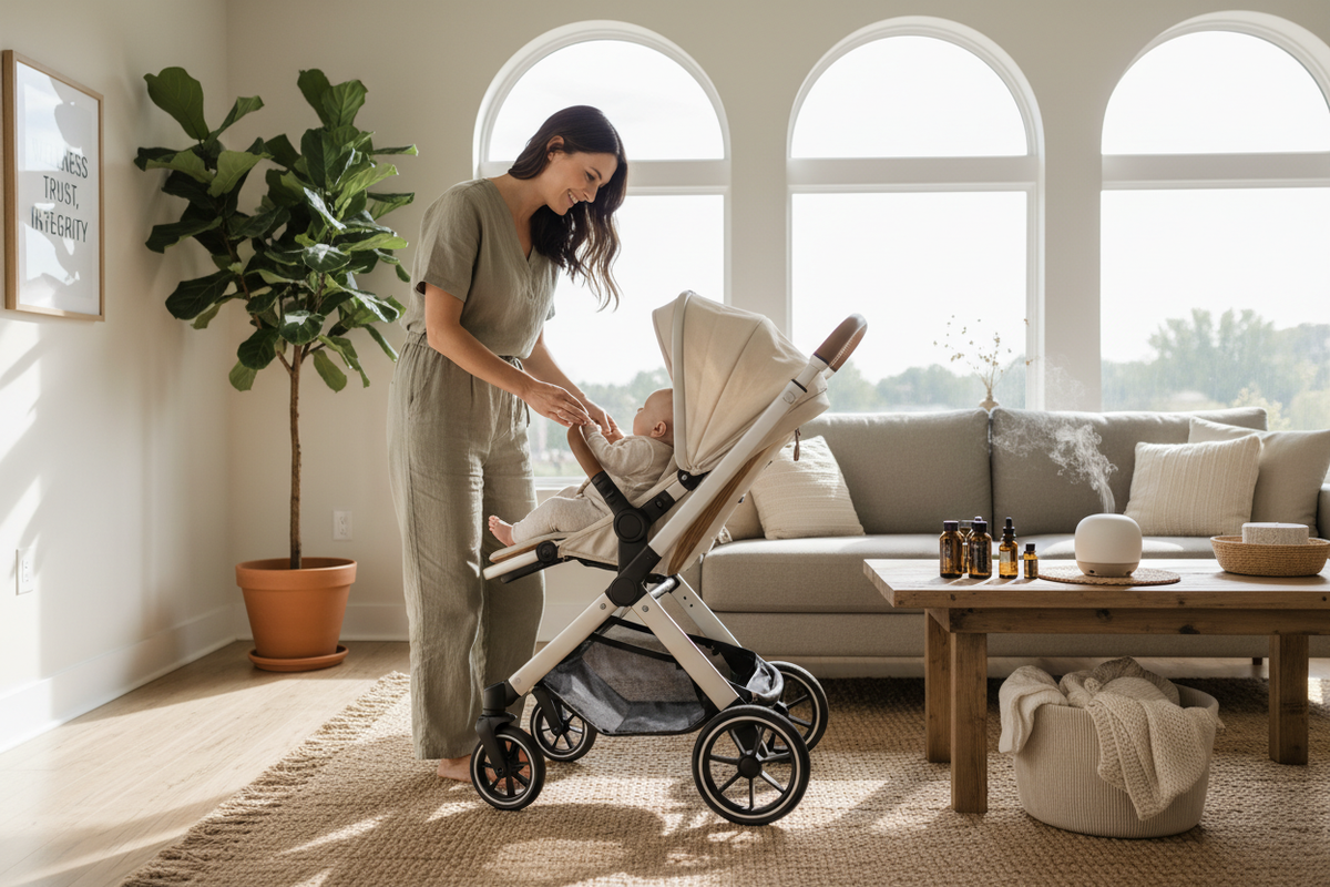 family, healthy home, mother and baby, natural products, trust, integrity, warm lighting, modern lifestyle. would like to see a safety stroller