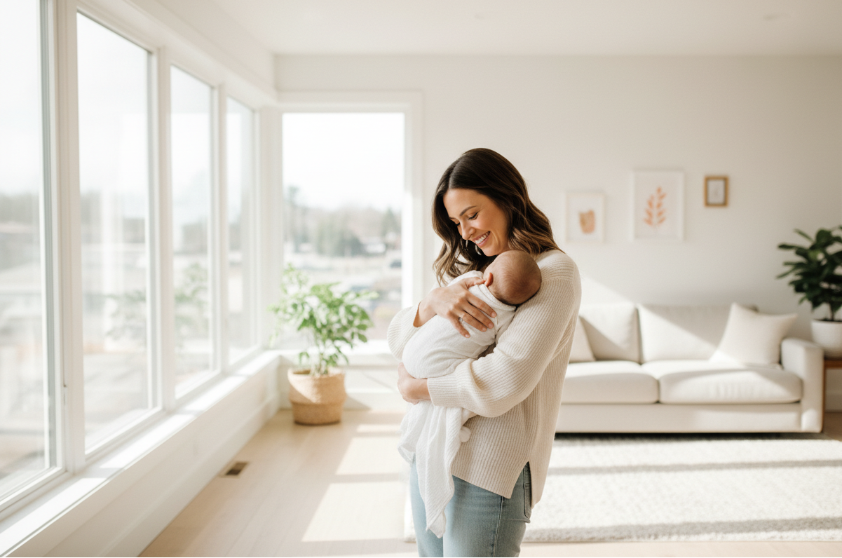 Lifestyle image of a mom and baby or a family at home, clean, bright, authentic