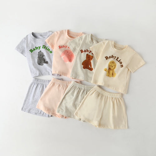 Baby Cartoon Animal & Slogan Pattern Short Sleeved Tee Combo Solid Shorts Sets-0