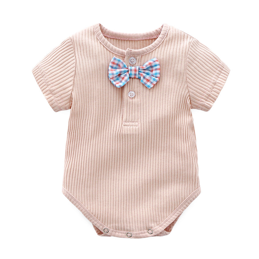 Baby Boy And Girl Solid Color Bow Tie Design Short Sleeve Buttoned bodysuit-1