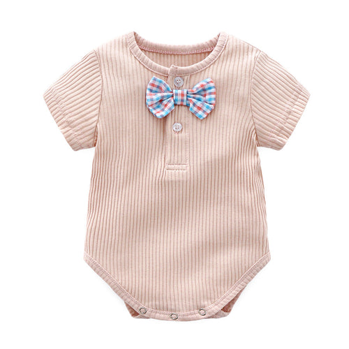 Baby Boy And Girl Solid Color Bow Tie Design Short Sleeve Buttoned bodysuit-1