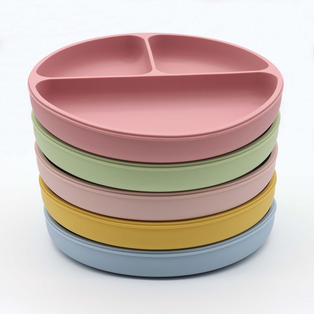 Baby Silicone Round Sucker Compartment Dinner Plate With Spoon Fork