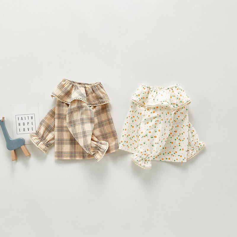 Autumn  Arrival Kids Girls Plaid/Floral Long Sleeves Shirt with Collar-3