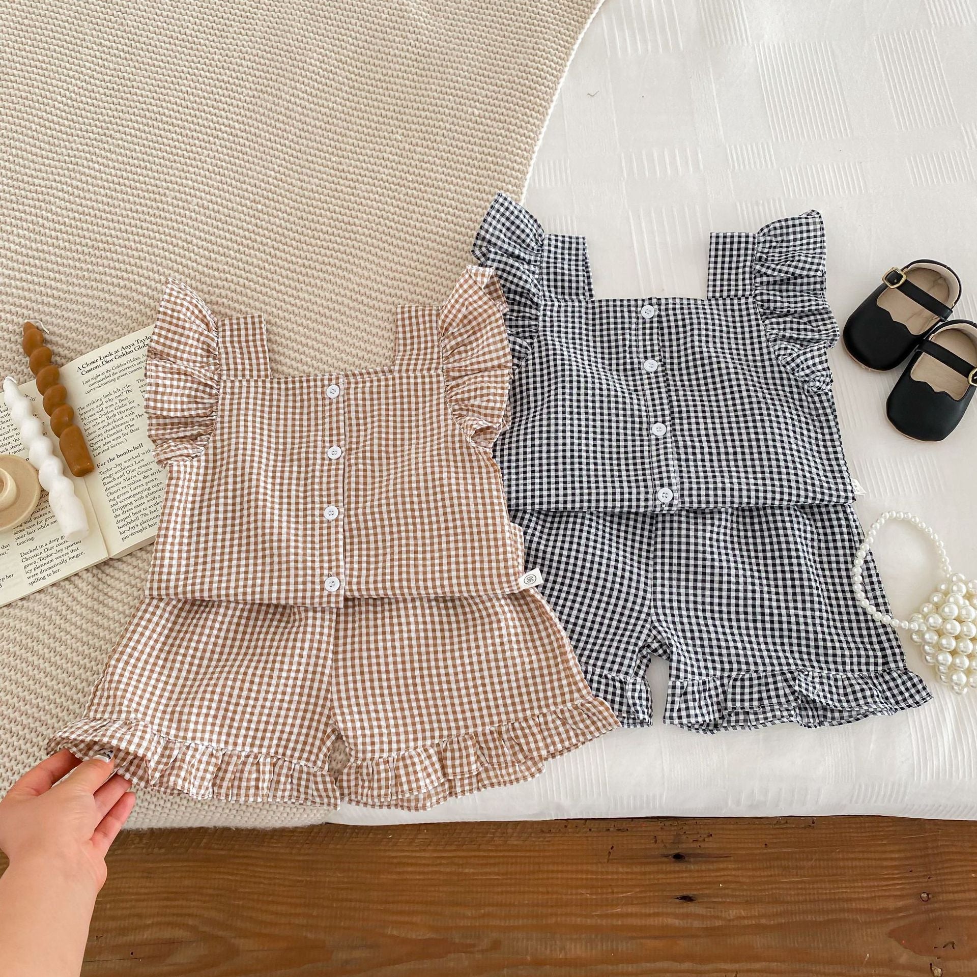 MyKids-USA Summer Girls Plaid Shirt And Shorts Clothing Set-1