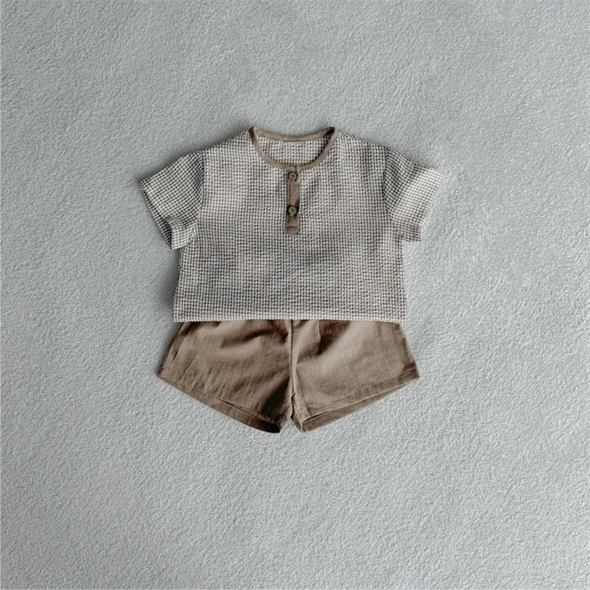 Summer Hot Selling Baby Kids Unisex Short Sleeves Plaid Pattern Shirt and Plain Shorts Clothing Set-1