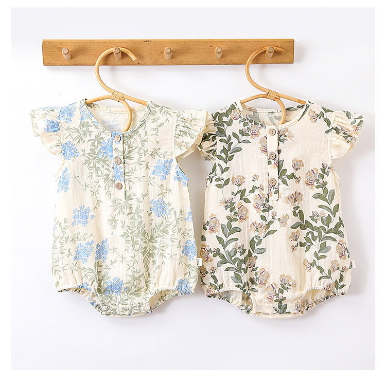 Summer Arrival Baby Girls Plain Floral Print Fly Sleeves Crew Neck bodysuit