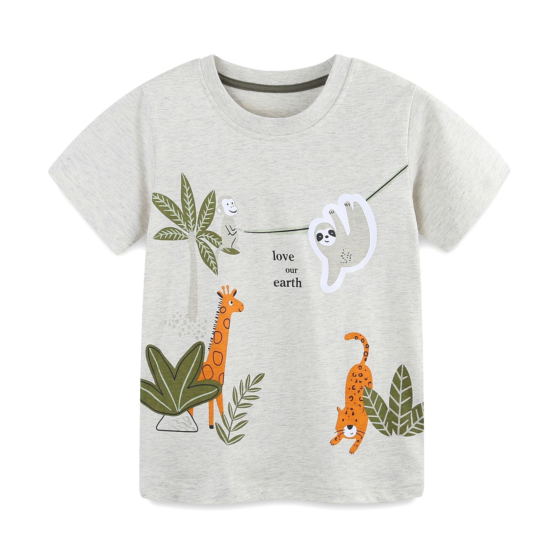 Summer Baby Kids Cartoon Jungle Animals Pattern T-shirt and Plain Shorts Clothing Set for Boys-2