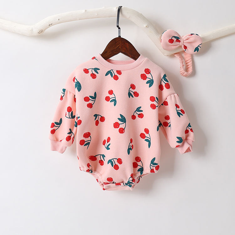 Baby Girl Allover Cherry Pattern Lantern Sleeves Triangle Bodysuit bodysuit