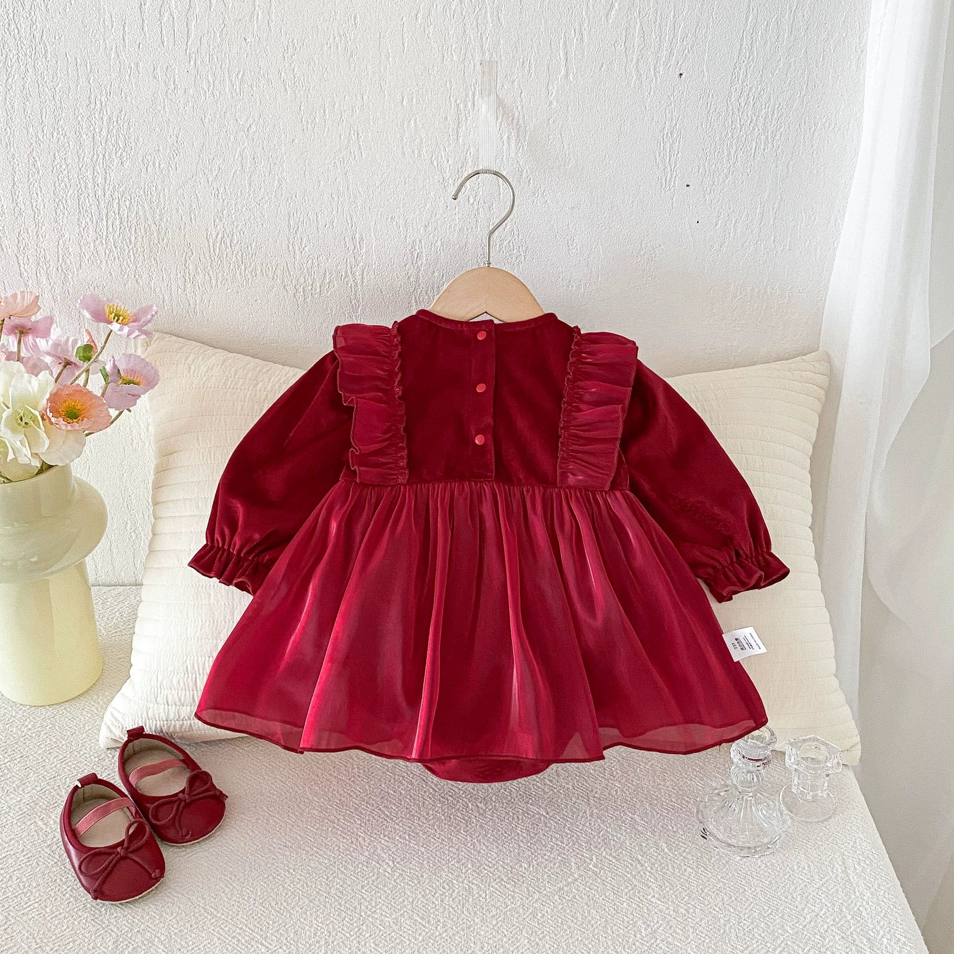 Autumn Arrival Baby Girls Long Sleeves Butterfly-bow Decorated Red bodysuit Dress