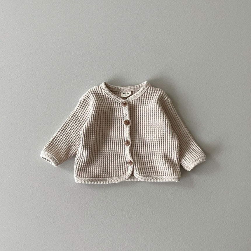 Autumn and Spring Arrival Baby Kids Unisex Long Sleeves Waffle Grid Single Breasted Top