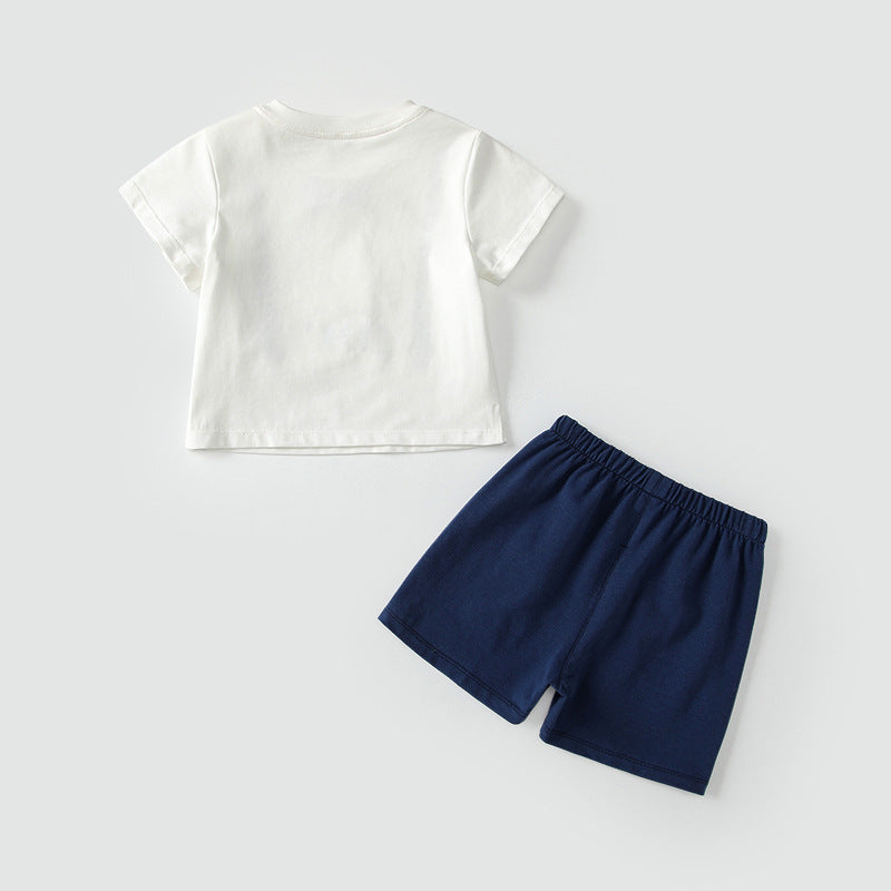 Summer Baby Kids Casual Strap Pattern Short Sleeves Top T-Shirt with Blue Shorts Clothing Set for Boys-1