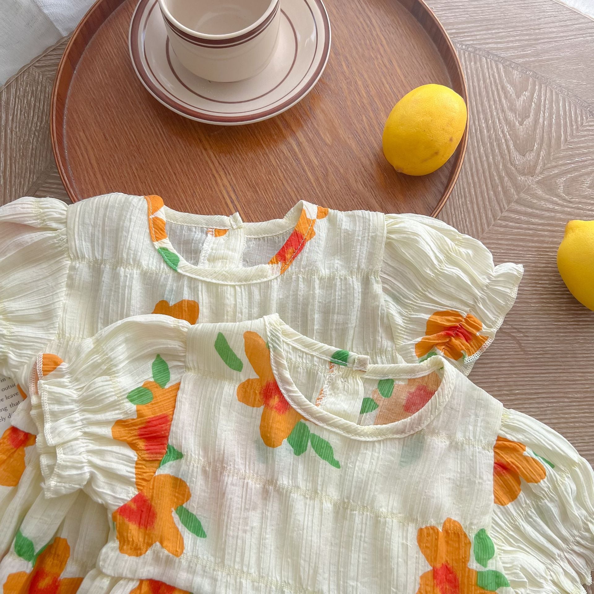 Baby Girls Floral Print Pattern Puff Sleeved bodysuit In Summer