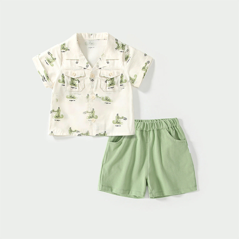 Summer Baby Kids Casual Cartoon Animals Pattern Short Sleeves Top Shirt with Green Shorts Clothing Set for Boys-1
