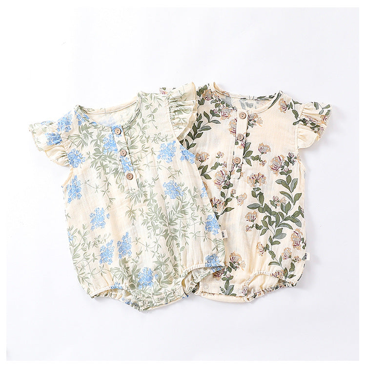 Summer Arrival Baby Girls Plain Floral Print Fly Sleeves Crew Neck bodysuit