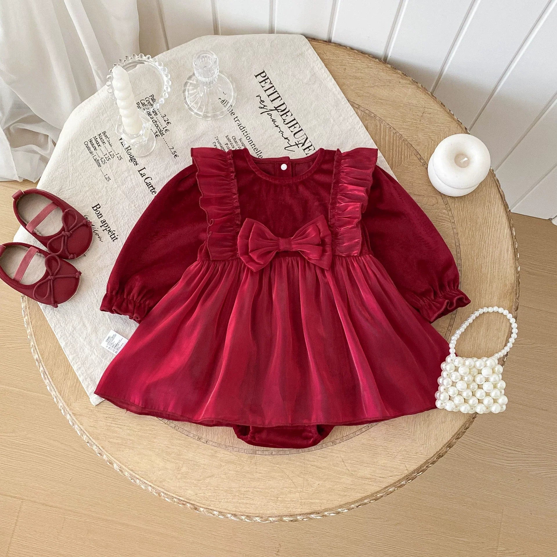 Autumn Arrival Baby Girls Long Sleeves Butterfly-bow Decorated Red bodysuit Dress