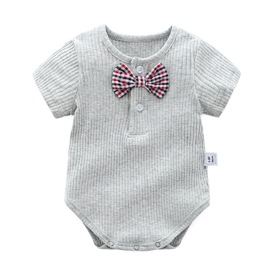 Baby Boy And Girl Solid Color Bow Tie Design Short Sleeve Buttoned bodysuit-2