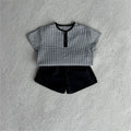 Summer Hot Selling Baby Kids Unisex Short Sleeves Plaid Pattern Shirt and Plain Shorts Clothing Set-2