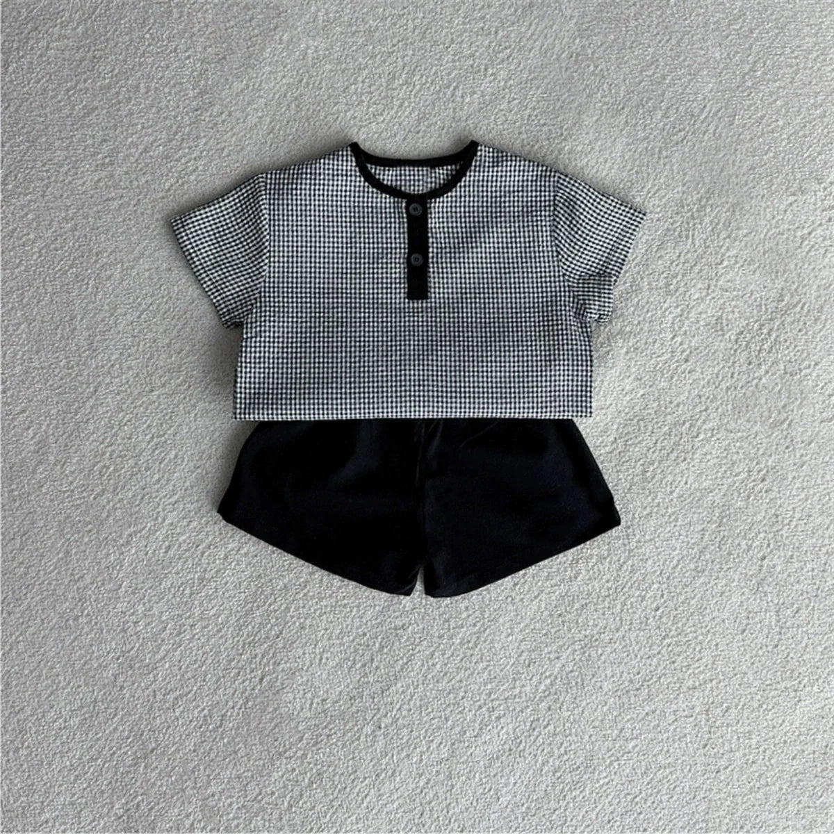 Summer Hot Selling Baby Kids Unisex Short Sleeves Plaid Pattern Shirt and Plain Shorts Clothing Set-2