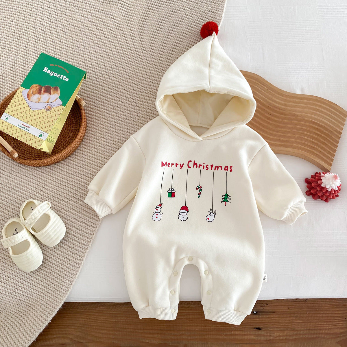 Winter Arrival Baby Unisex Long Sleeves Christmas Cartoon Pattern Fleece-Lined Rompers