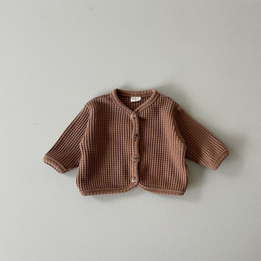 Autumn and Spring Arrival Baby Kids Unisex Long Sleeves Waffle Grid Single Breasted Top