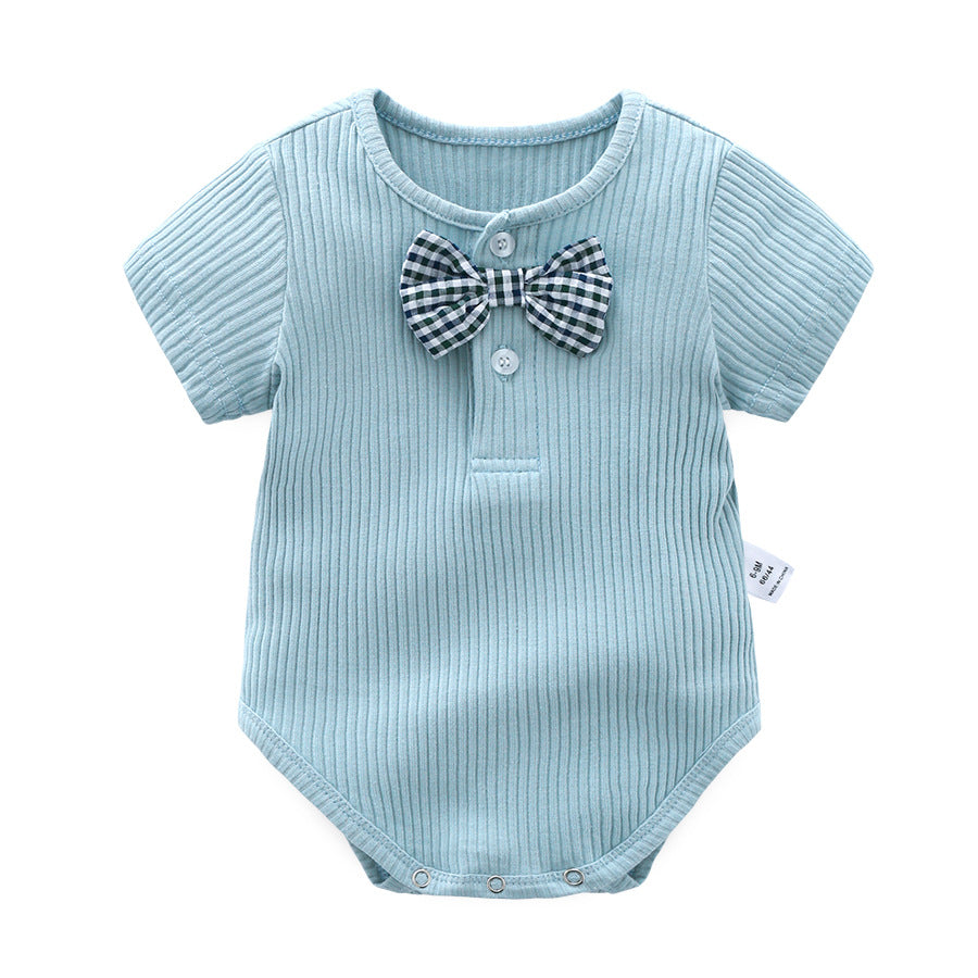 Baby Boy And Girl Solid Color Bow Tie Design Short Sleeve Buttoned bodysuit-3