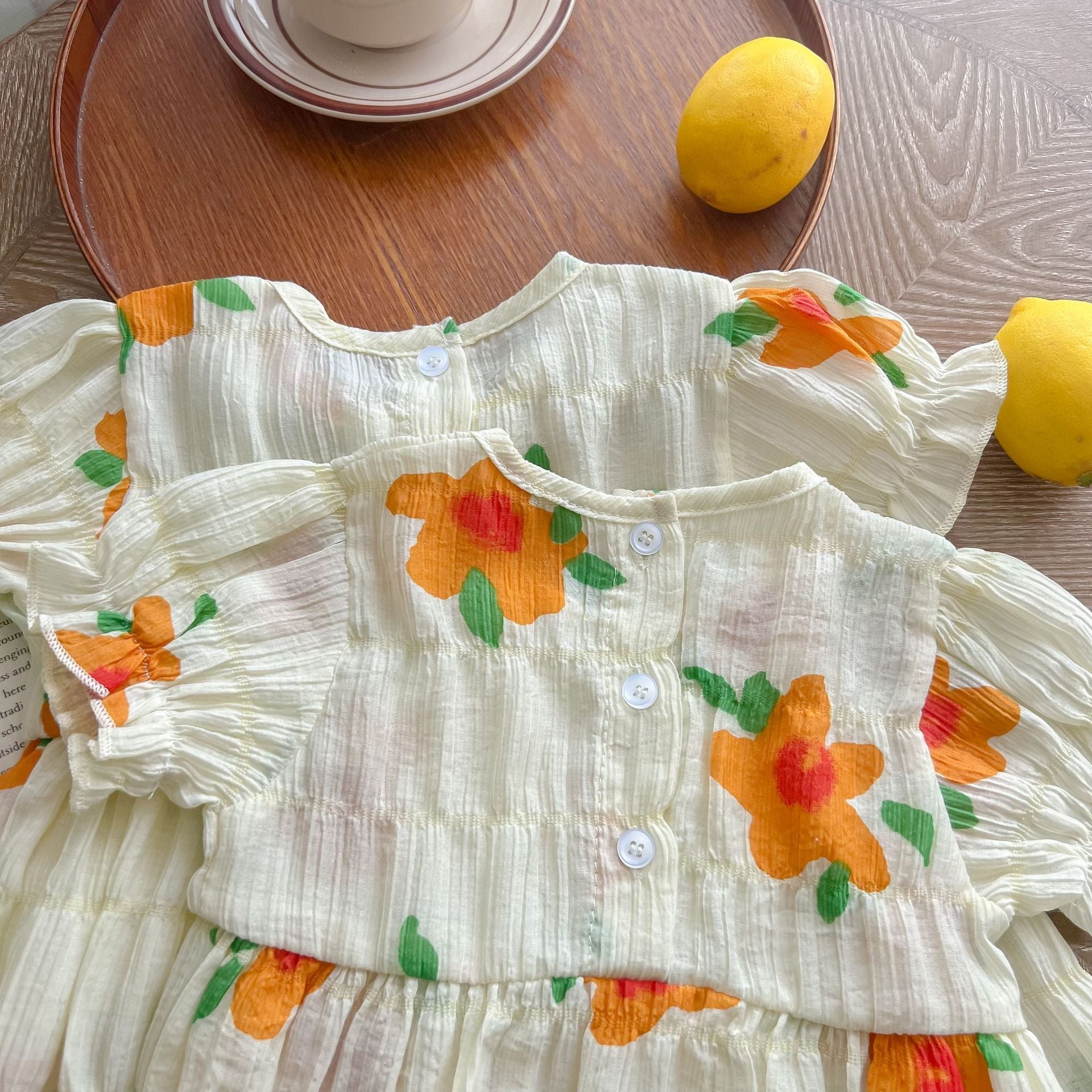 Baby Girls Floral Print Pattern Puff Sleeved bodysuit In Summer