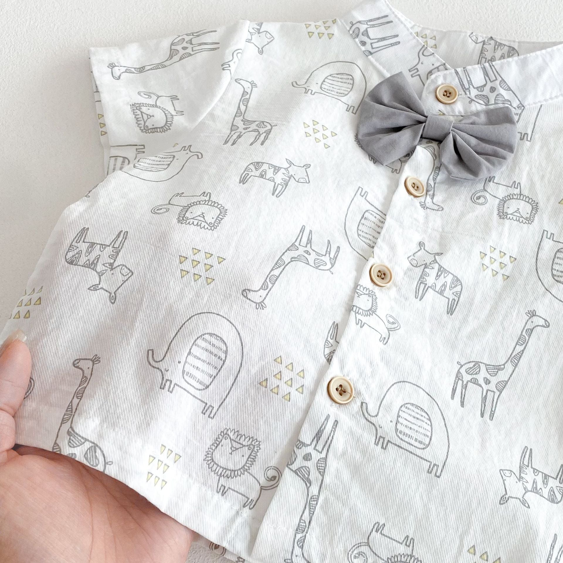 Summer Hot Selling Baby Boys Short Sleeves Animals Pattern Shirt and Grey Shorts Clothing Set-2