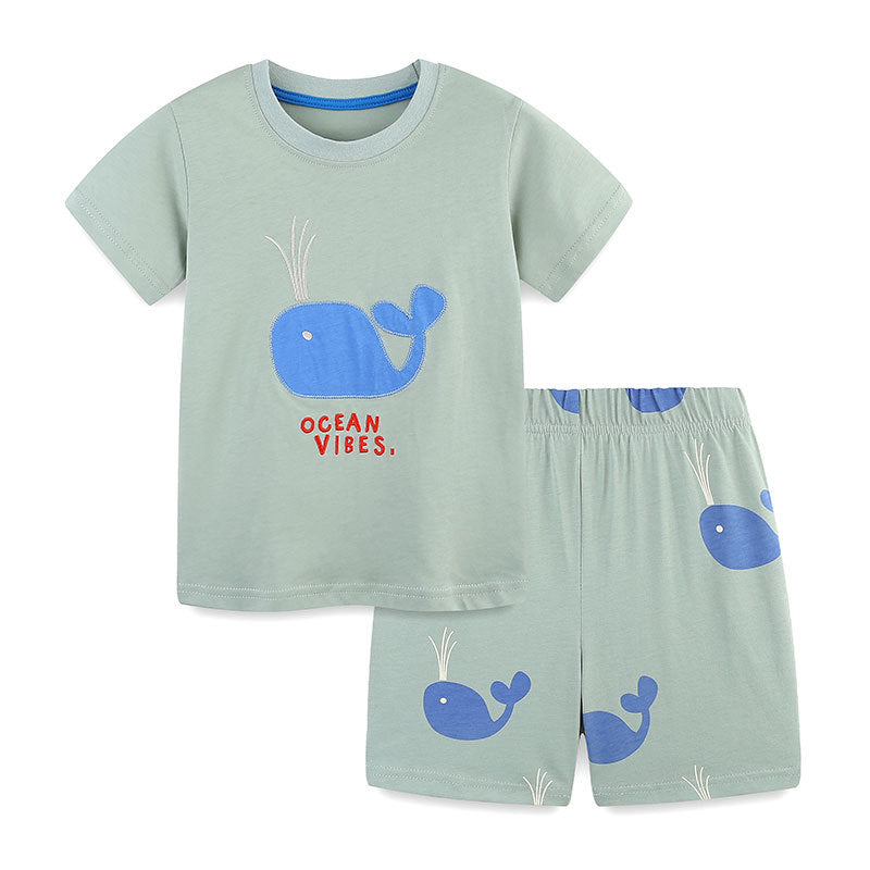 Summer Baby Kids Cartoon Animals Pattern T-shirt and Shorts Color Patchwork Clothing Set for Boys-1