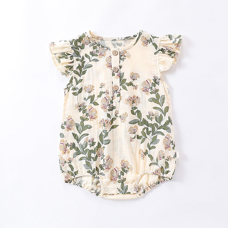 Summer Arrival Baby Girls Plain Floral Print Fly Sleeves Crew Neck bodysuit