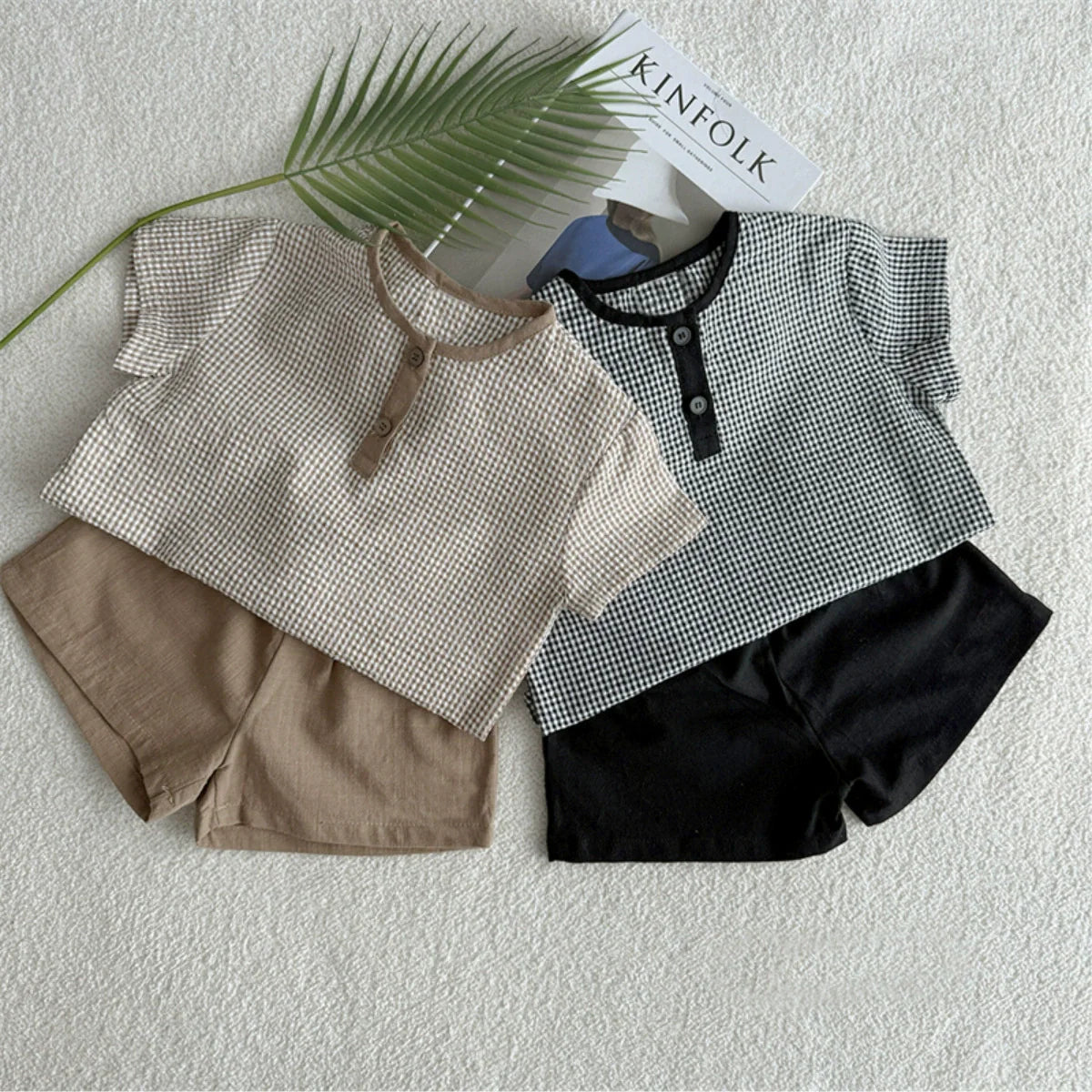 Summer Hot Selling Baby Kids Unisex Short Sleeves Plaid Pattern Shirt and Plain Shorts Clothing Set-0