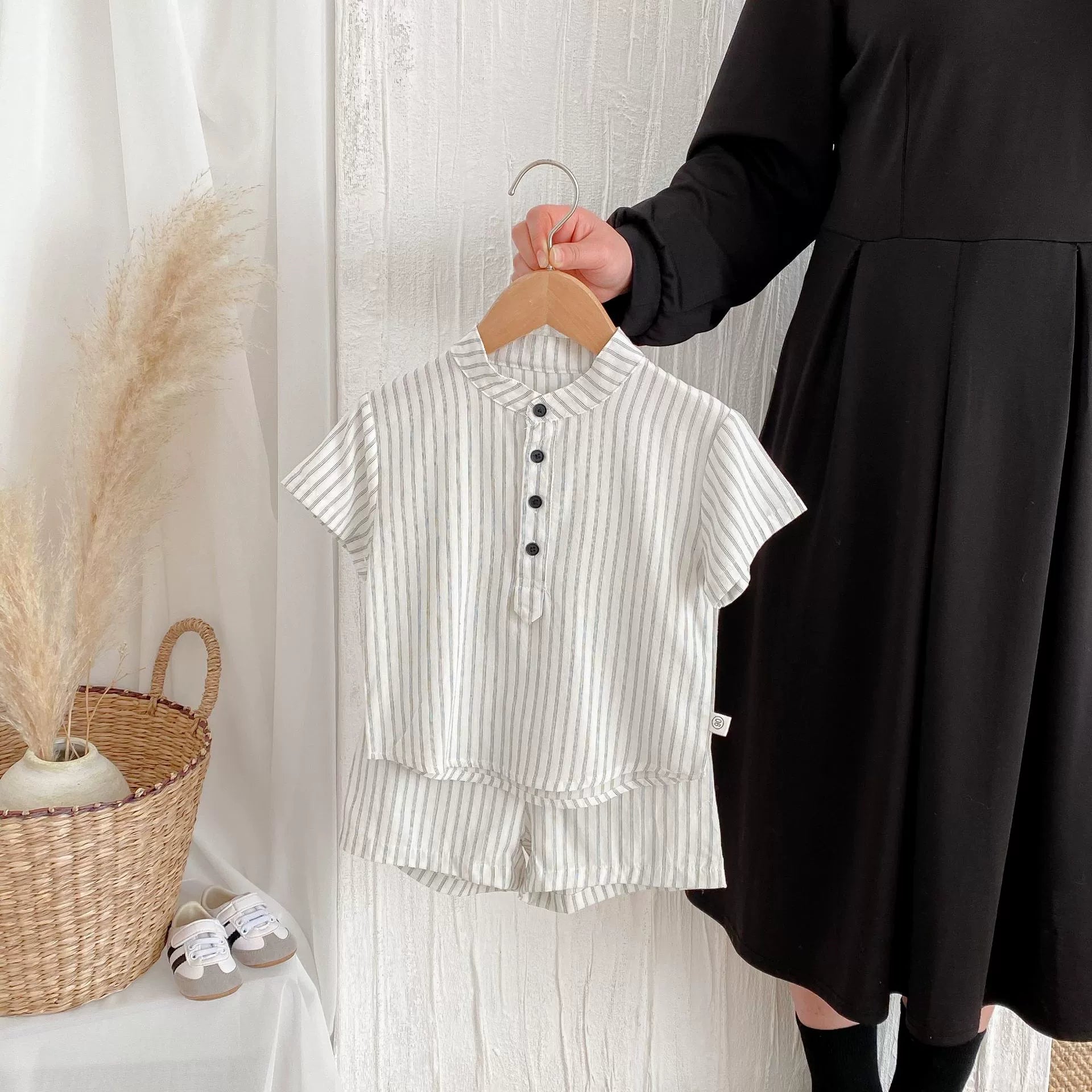 Summer Hot Selling Baby Kids Boys Short Sleeves Striped Pattern Top Shirt and Shorts Clothing Set-0