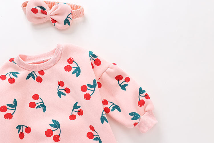Baby Girl Allover Cherry Pattern Lantern Sleeves Triangle Bodysuit bodysuit