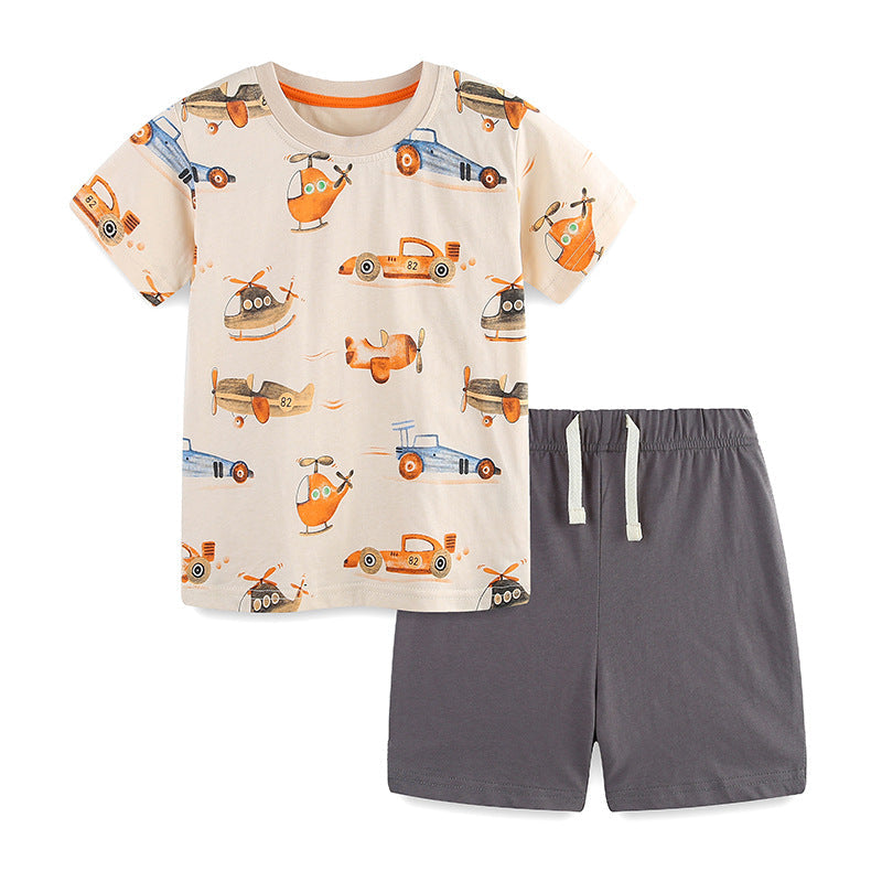 Summer Baby Kids Racing Cars and Planes Cartoon Pattern T-shirt and Shorts Clothing Set for Boys-0