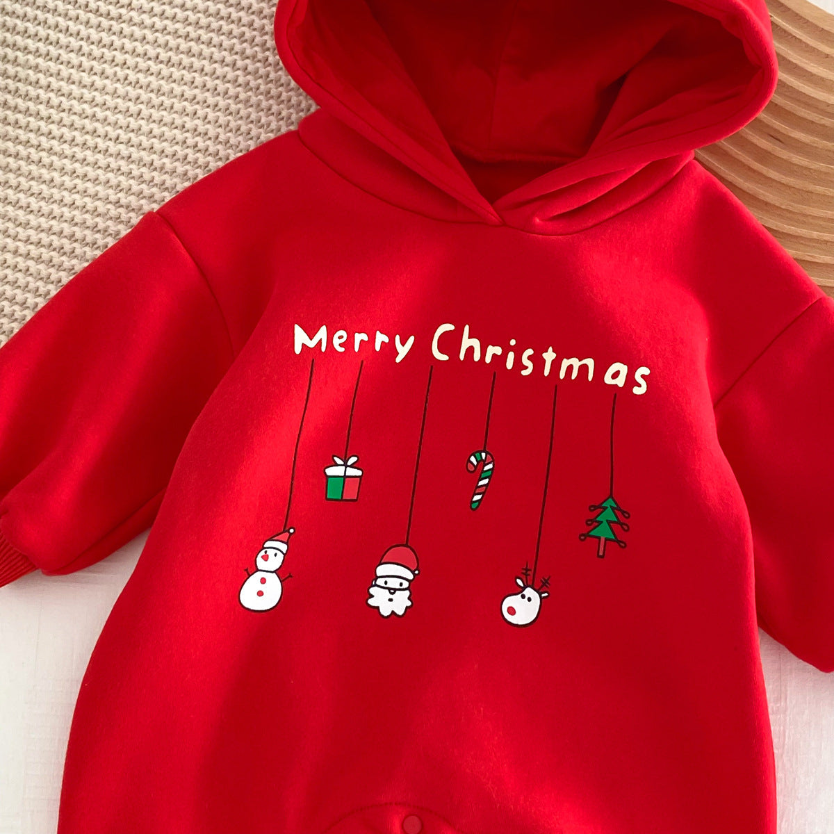 Winter Arrival Baby Unisex Long Sleeves Christmas Cartoon Pattern Fleece-Lined Rompers