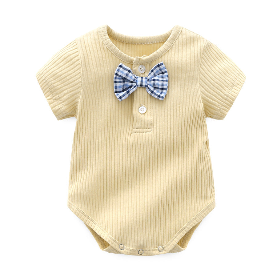 Baby Boy And Girl Solid Color Bow Tie Design Short Sleeve Buttoned bodysuit-4