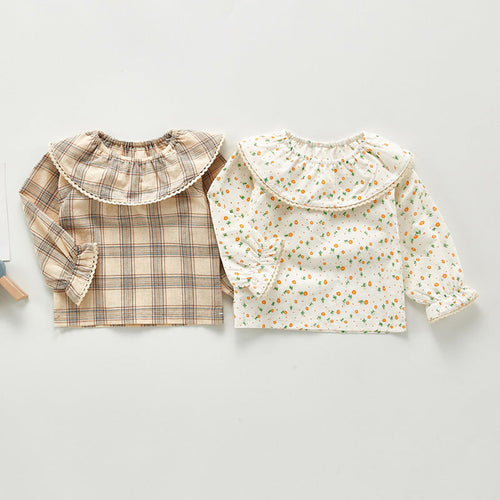 Autumn  Arrival Kids Girls Plaid/Floral Long Sleeves Shirt with Collar-0