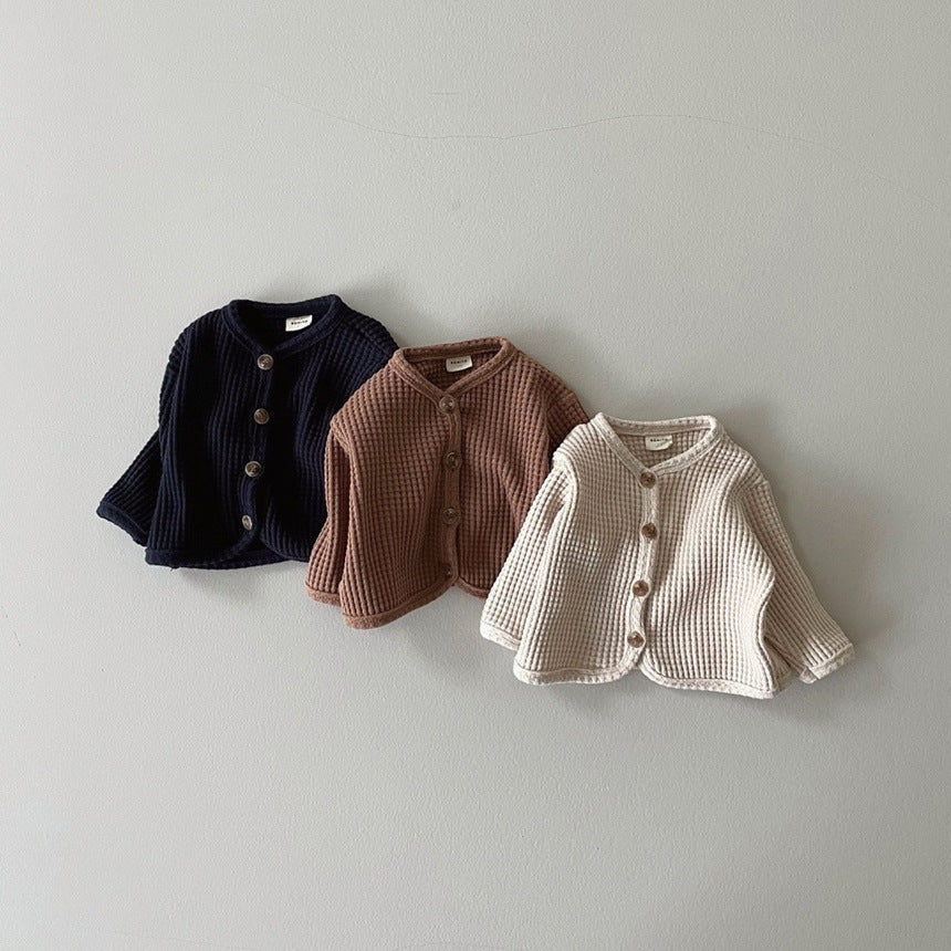 Autumn and Spring Arrival Baby Kids Unisex Long Sleeves Waffle Grid Single Breasted Top