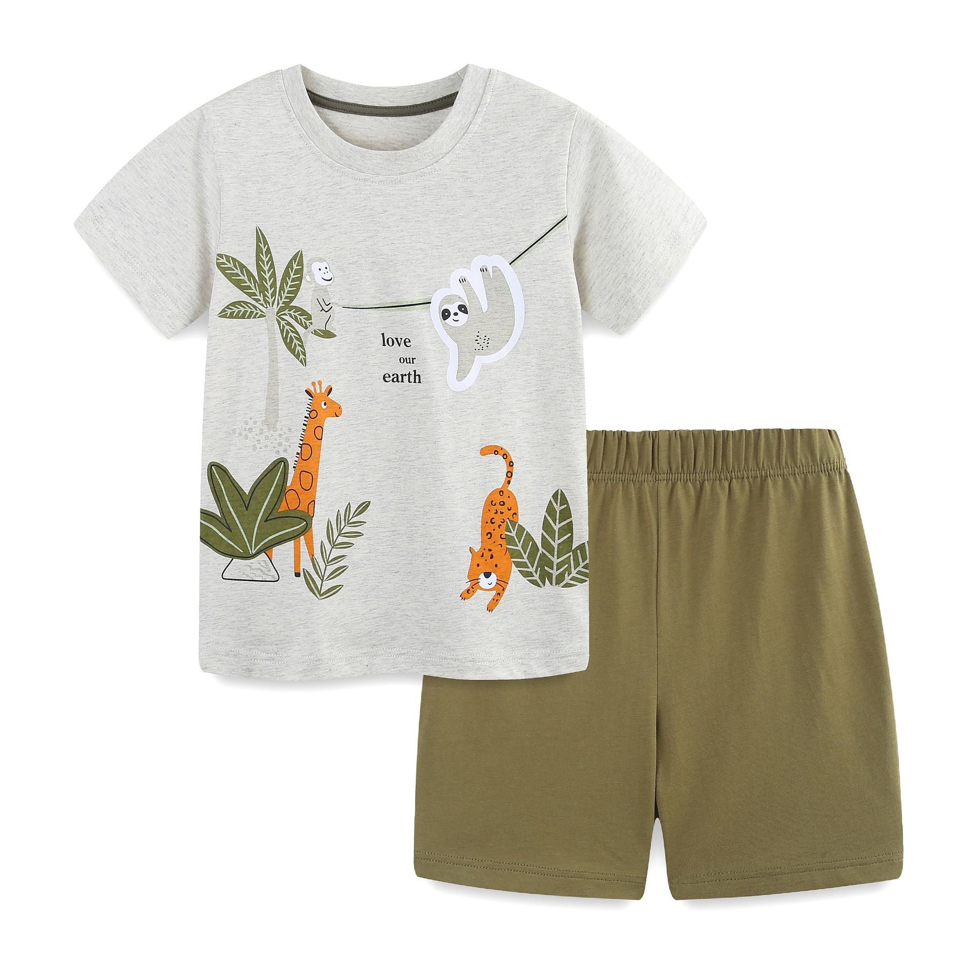 Summer Baby Kids Cartoon Jungle Animals Pattern T-shirt and Plain Shorts Clothing Set for Boys-0